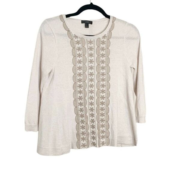 J. CREW Womens S Beige Embroidered Sweater Merino Wool Side Flare Loose Fit - Picture 2 of 9